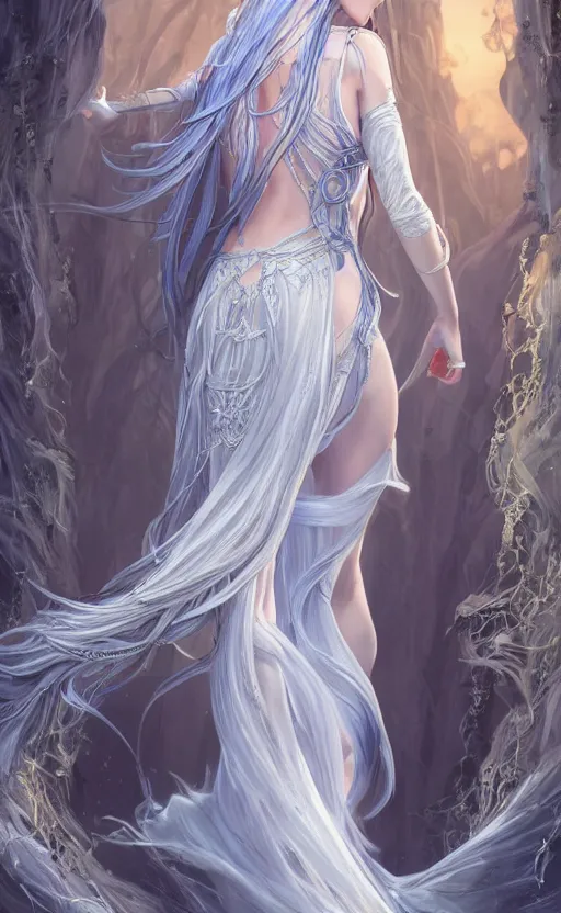 Image similar to an elven woman with long, silver hair cascading down her back. she has delicate, angular features and piercing blue eyes. she's clad in a flowing white dress with intricate silver embroidery, dynamic lighting, photorealistic fantasy concept art, trending on art station, stunning visuals, creative cinematic, ultra detailed