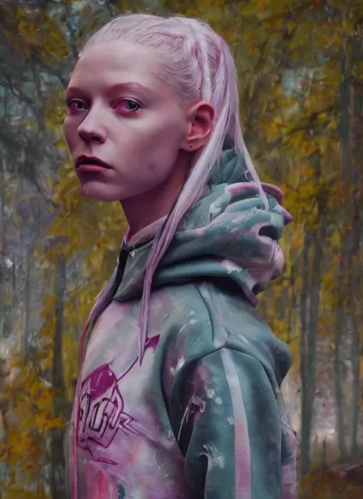 Prompt: still from music video of hunter schafer from die antwoord standing in a township street, wearing a hoodie, street clothes, full figure portrait painting by martine johanna, earl norem, wadim kashin, pastel color palette, 2 4 mm lens