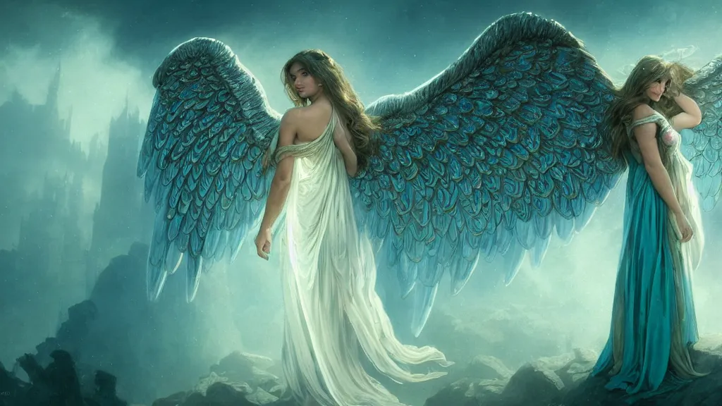 Image similar to angel, big wings, low key light, full plate armor with cloth, f 1 6, bokeh, medium portrait, gentle, female, ornate city ruins, landscape, d & d, fantasy, intricate, elegant, highly detailed, teal white gold color palette, roger deakins, sharp focus, greg rutkowski and alphonse mucha