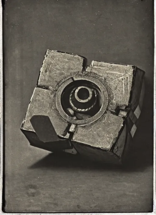 Image similar to 1 8 8 5 photo of a riveted companion cube from portal 2, daguerrotype, high quality