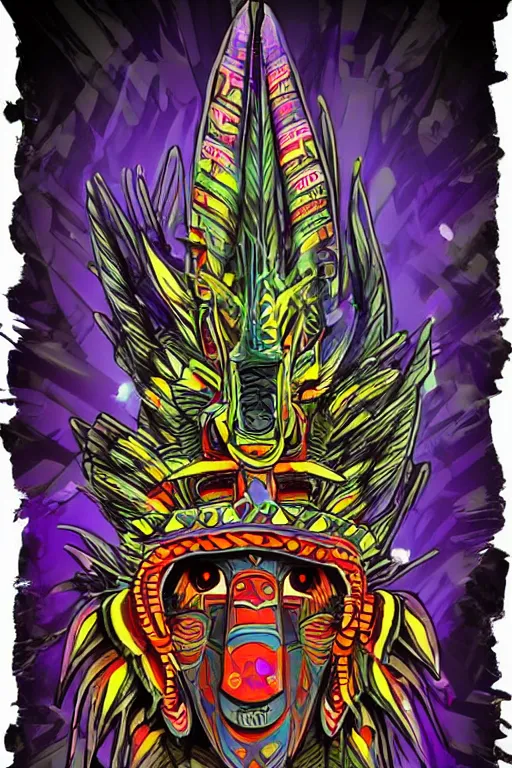 Image similar to totem animal tribal chaman vodoo mask feather gemstone plant video game illustration vivid colorful borderlands and by feng zhu radiating a glowing aura