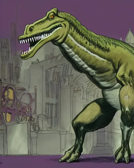Prompt: An allosaurus dressed as a victorian gentleman on Masters of the Universe (1983), cartoon animation by Filmation, blu-ray transfer, 5k
