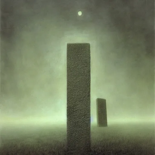 Prompt: arm reaching out of thick fog, 6 stelae pointing down from the sky, untethered flying stelae, zdzislaw beksinski