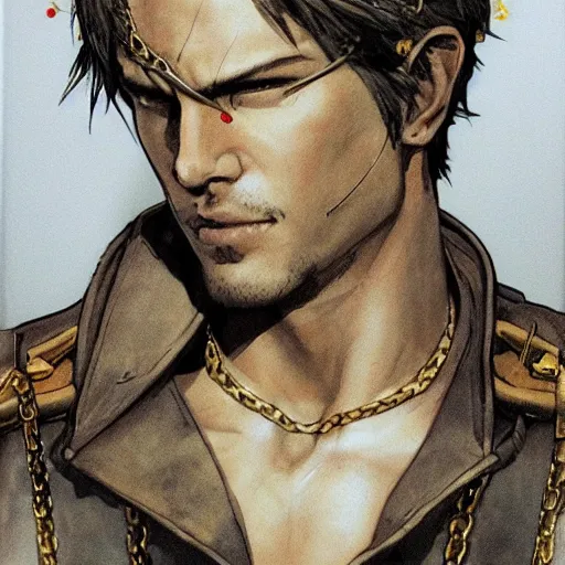 Image similar to portrait of a hero holding his sword in front of his face by yoji shinkawa, high quality, extra details, realism, ornate, colored, golden chain, blood, white skin, short hair, brown eyes, vivid, sunlight, dynamic, american man, freedom, white american soldier, pencil, twins