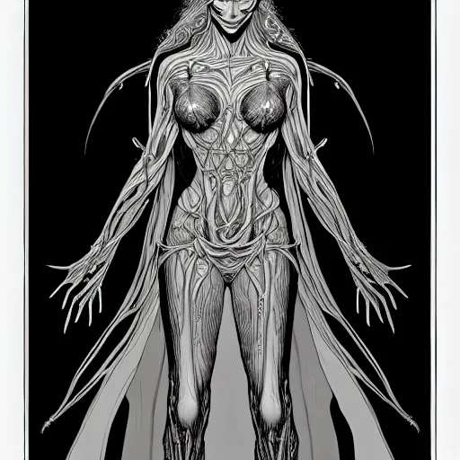 Prompt: wideview of an elven witch,intricate, veins, by Hugo pratt, ultradetailed, charachter design, concept art, trending on artstation,