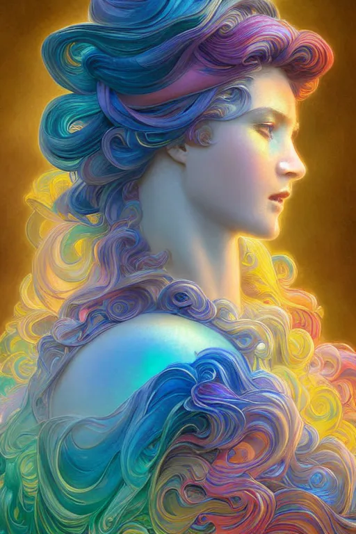 Image similar to bust of a rainbow woma , fantasy, gradient rainbow, dreamy and ethereal, blue eyes, golden ratio, peaceful expression, ornate frilly dress, fantasy, intricate, elegant, rainbow bubbles, highly detailed, digital painting, artstation, concept art, smooth,b sharp focus, illustration, art by artgerm and greg rutkowski and alphonse mucha
