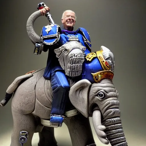 Prompt: joe biden riding an elephant, with warhammer 4 0 k