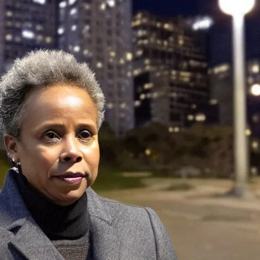 Prompt: chicago mayor lori lightfoot spotted on trail cam at night