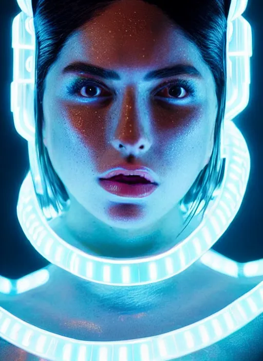 Image similar to a latino female humanoid with freckled cheeks, cyber neon lighting, futurism, intricate futuristic led lit jewelry, retro futuristic glossy white latex swimwear, profile posing, hyper photorealistic, crispy quality, digital photography, trending in artstation, trending in pinterest, cinematic, 4 k ultra hd, art by pascal blanche, art by greg rutkowski,