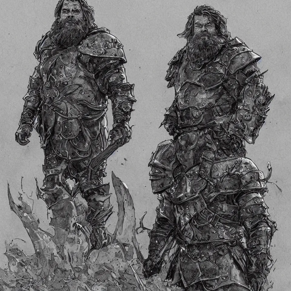 Prompt: Brian Blessed, as a barbrian in leather armor, in a wasteland, walking towards us, in Travis Charest style