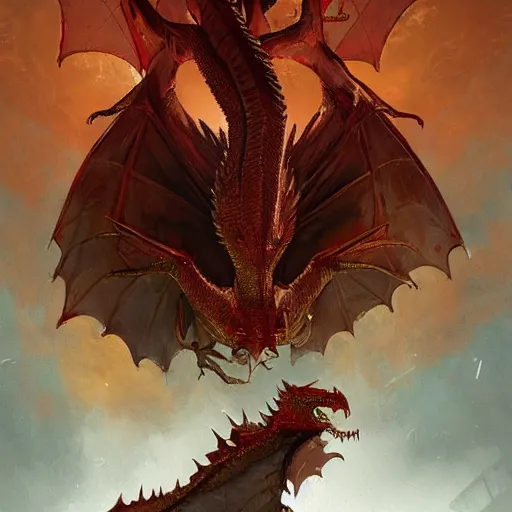 Image similar to red dragon sitting on a hoard of gold, fantasy, dnd, art by greg rutkowski