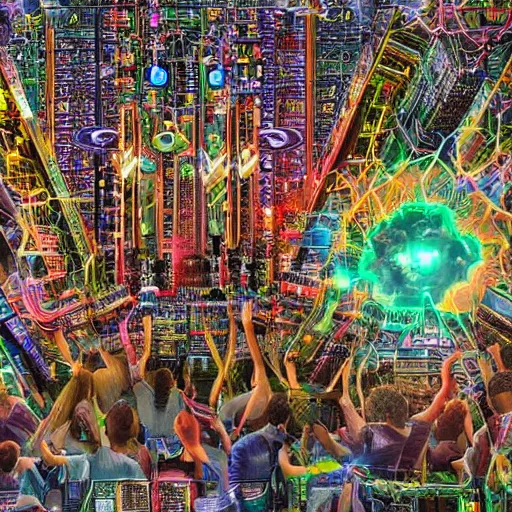 Image similar to diverse groups of humans destroying the supercomputer breaking circuits, from behind, rebirth, beauty, wide angle, elaborate, wet, highly detailed, colors, beautiful lighting