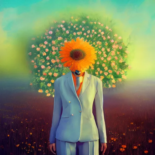 Prompt: enlarged daisy flower head, frontal, girl in a suit, surreal photography, sunrise, dramatic light, impressionist painting, digital painting, artstation, simon stalenhag