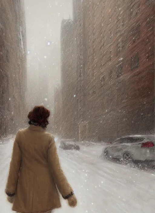 Prompt: back of emma stone in beige coat, walking into new york apartment building in winter, opening door, building entrance, snow, zoomed out, artwork by gaston bussiere, craig mullins, trending on artstation