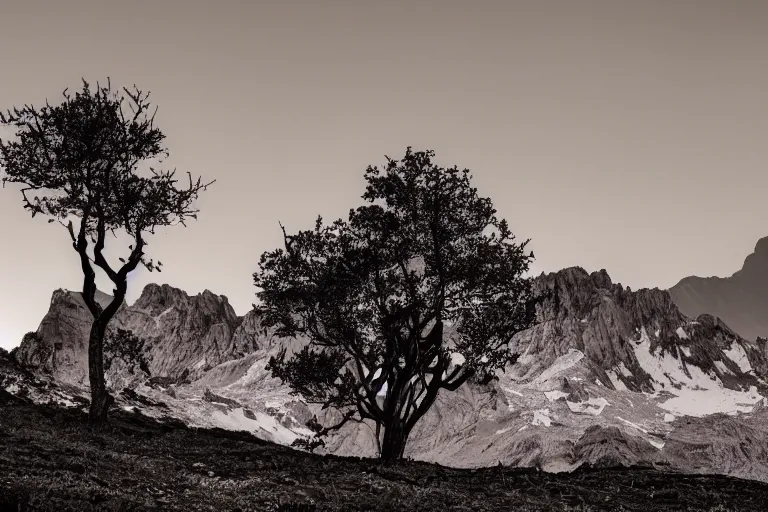 Prompt: A beautiful landscape photography of Ciucas mountains mountains, a dead intricate tree in the foreground, sunset, dramatic lighting by Anselm Adams and Albrecht Durer,