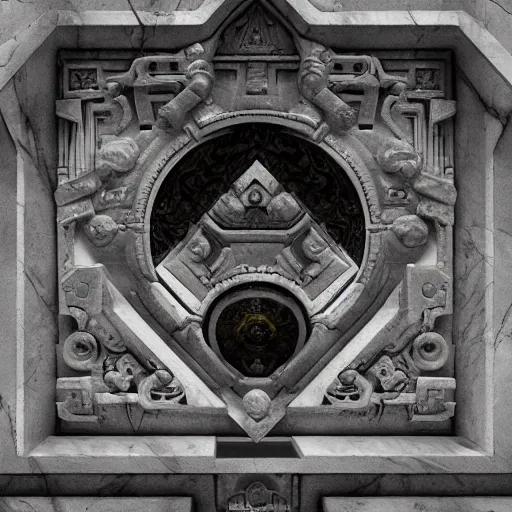 Prompt: A huge artifact located in a marble temple, a glowing logo of Discord is painted on it, dark, digital art, trending on artstation