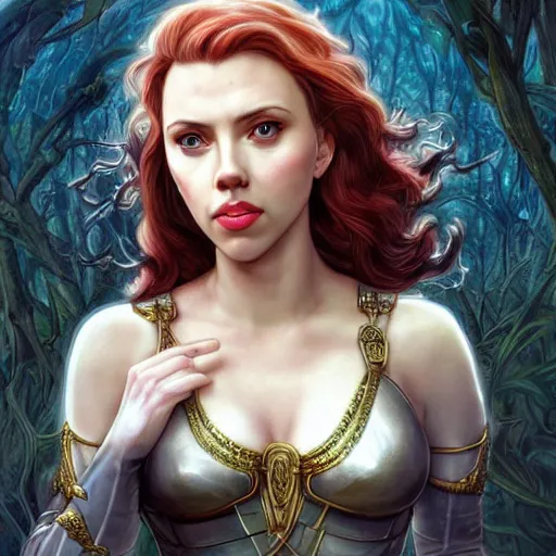 Image similar to Scarlett Johansson as a elf archer, cute, fantasy, intricate, elegant, highly detailed, centered, digital painting, artstation, concept art, smooth, sharp focus, illustration, art by artgerm and H R Giger and alphonse mucha