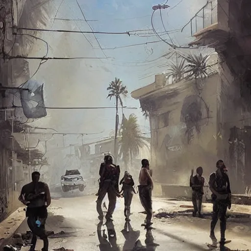 Prompt: columbian drug cartels, on the streets, Greg Rutkowski painting