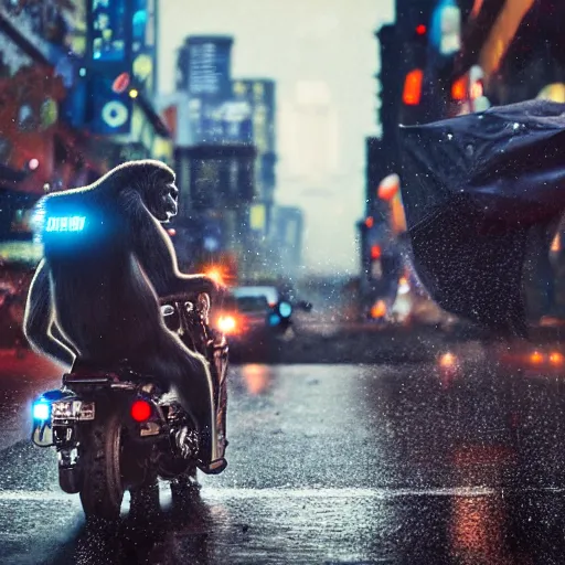 Prompt: a gorilla is riding a motor cycle in a cyberpunk city, shot from far away, during night, raining, many puddles on the street