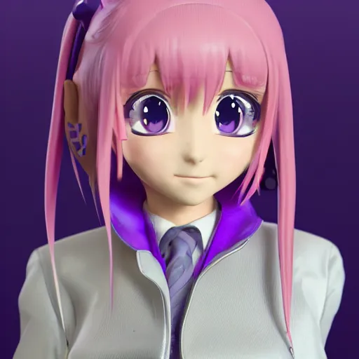 Prompt: portrait of a anime and chibi very cute girl with purple jacket design by antonio mello, xkung work, character modeling, toy design, substance 3 d painter, blender, mental ray, zbrush, soft vinyl, bio luminescent, maximalist sculpted design portrait, studio photo, 7 0 mm lens, trending in artstation