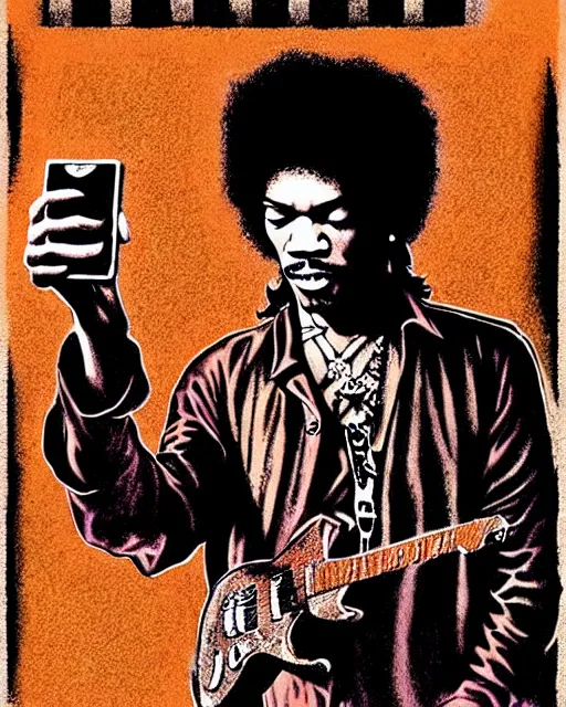 Image similar to grunge rock jimi hendrix taking a selfie with his iphone, instagram, tiktok, postmodern surrealist concert poster, grainy poster art, hand drawn matte painting by lynd ward and gary houston, smooth, sharp focus, extremely detailed, 3 5 mm.