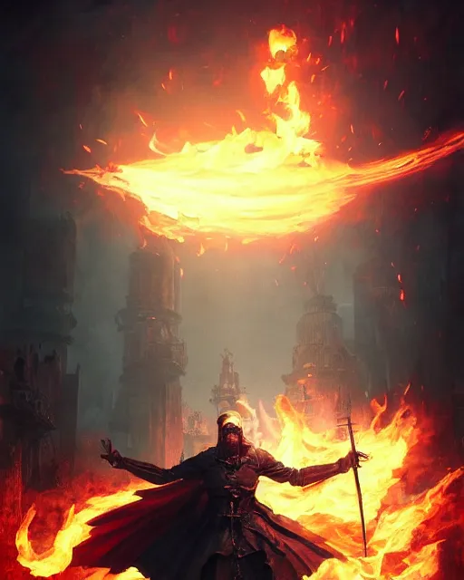 Image similar to oil painting of Rozemyne casting fire magic spell, evil, sharp focus, fantasy style, octane render, volumetric lighting, 8k high definition, by greg rutkowski, highly detailed, trending on art Station, magic the gathering artwork, very dark steampunk city backround, centered