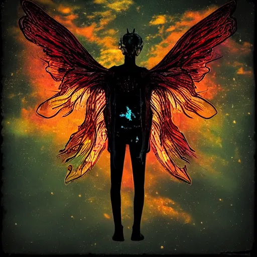 Image similar to a dying devil with tar drip wings standing in the shade of the backlit cosmic light, rich decaying bleeding colors