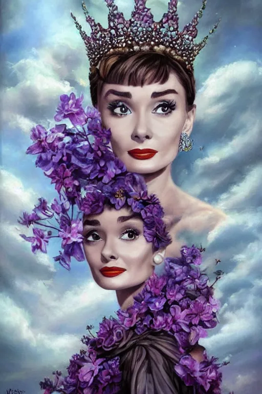 Prompt: closeup portrait fine art photo of the beauty audrey hepburn, she has a crown of stunning flowers and dress of purple satin and gemstones, background full of stormy clouds, by peter mohrbacher