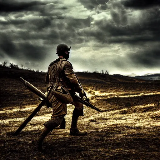 Image similar to war, pyrus victory, loner, battlefield scene, dramatic lighting, ultra hd, hdr, 8 k