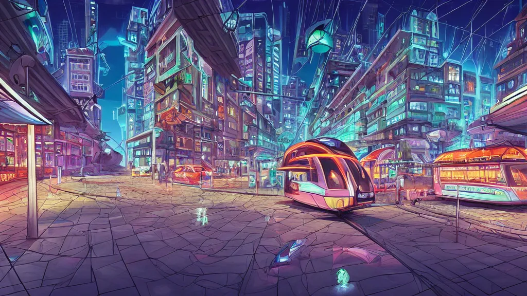 Prompt: plaza in the city at night by cyril rolando and naomi okubo and dan mumford and zaha hadid. flying cars. advertisements. neon. tram.