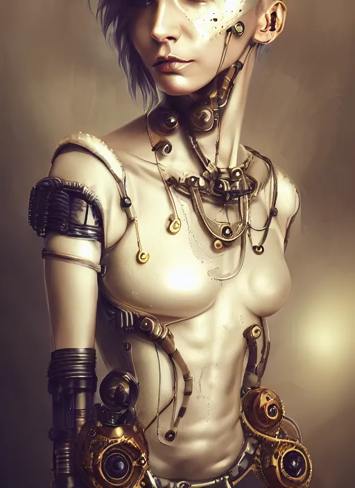 Image similar to soft lustrous ivory ebony biotech raver gutter punk gothic steampunk cyborg, golden ratio, details, scifi, fantasy, cyberpunk, intricate, decadent, highly detailed, digital painting, octane render, artstation, concept art, smooth, sharp focus, illustration, art by artgerm, loish, wlop