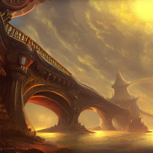 Image similar to A rococo spaceship above the Golden Bridge, by andreas rocha, featured on artstation