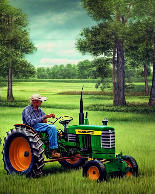 Image similar to old man in denim sat fishing in a wooded area with a john deere tractor in foreground, ultra realistic, concept art, intricate details, highly detailed