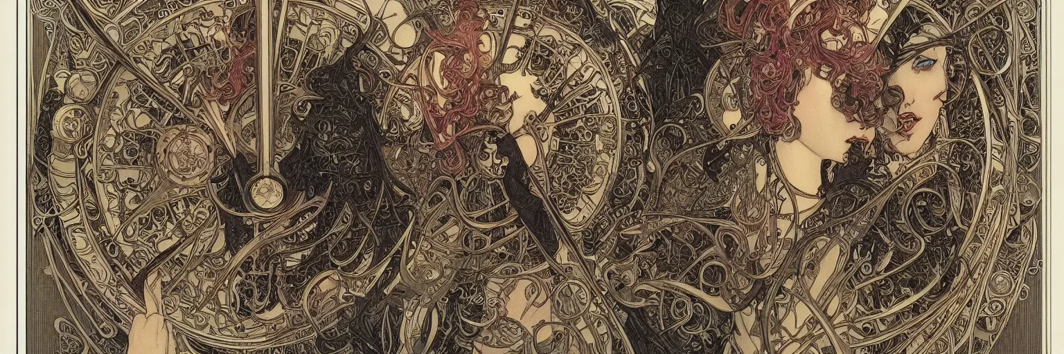 Image similar to art nouveau steelpunk frame and border designs only, no figures, no faces, no people, by travis charest, moebius and mucha, intricate, ornate, circuitry, gears, painted, extremely hyperdetailed, art deco, masterpiece, sharp focus, realistic technical details