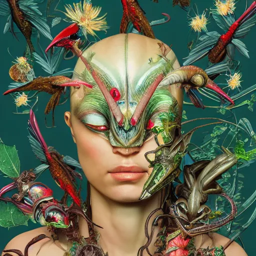 Image similar to head and shoulder portrait of xenomorph alien, surrounded by hummingbirds and fine floral ornaments, eye - level medium - angle shot, floral background, by esao andrews, by m. w. kaluta, by yoshita amano, by giger, moody evening lighting, smooth, 3 d octane render, depth perception, 4 k, artstation