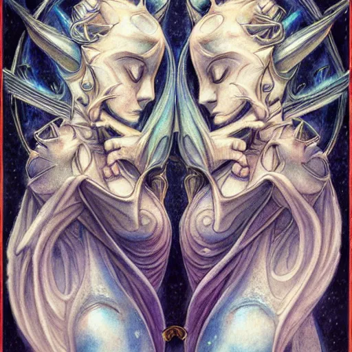 Image similar to detailed and sharp gemini artwork, mystic style, detailed, 8 k, detailed, symmetrical, by brian froud