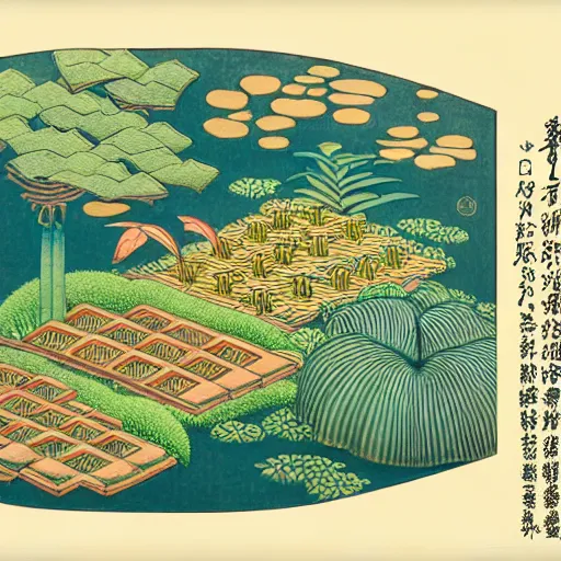 Image similar to 3 d isometric botanical illustration of a small city in an island surrounded by water, diego rivera in ukiyo - e style variation 1, hd