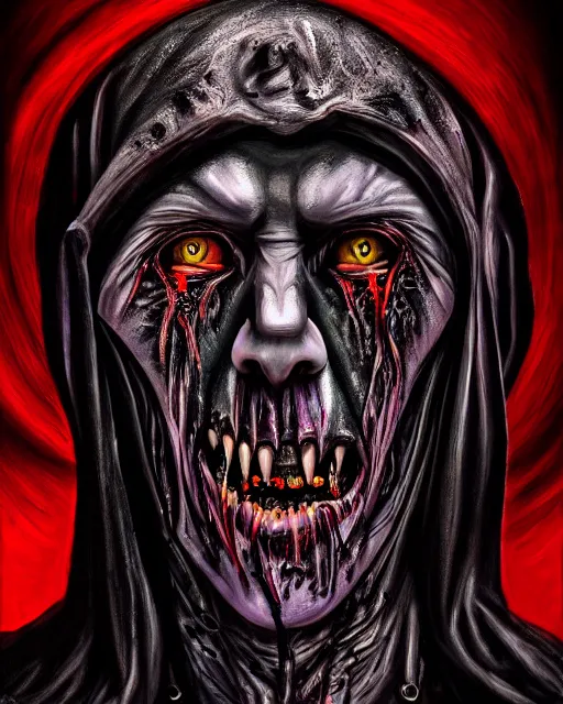 Image similar to photorealist painting of demonic priest, gothic, horror, vivid dark colors, high production value, intricate details, high resolution, hyperrealistic, hdr, high definition, masterpiece, ultra realistic, highly detailed, hd, sharp focus, non blurry, sharp, smooth