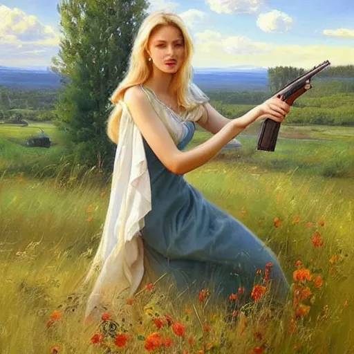 Image similar to mysterious blonde woman in hot dress in the swedish countryside, holding a shotgun!!!, freedom, scenic, beautiful, masterpiece, highly detailed, painting by vladimir volegov