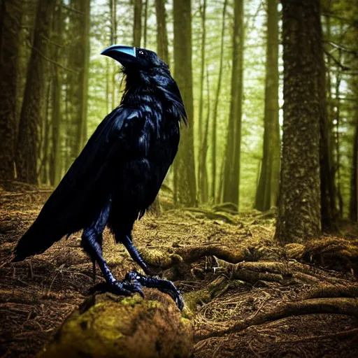 Image similar to werecreature that is a mix between human and crow, photograph captured in a forest