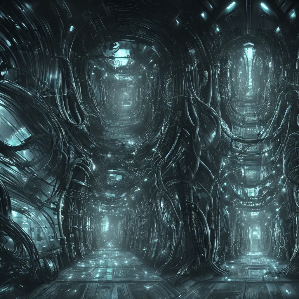 Prompt: sci-fi Prometheus biological corridor, biologic HR Giger style, Alien, Wide angle, featured in artstation, octane render, cinematic, elegant, intricate, 8k