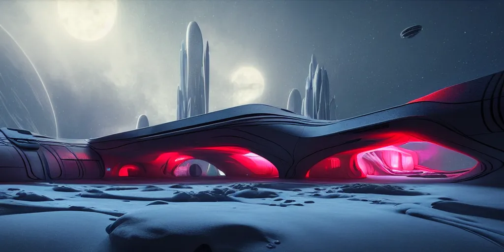 Prompt: futuristic space station in the snowy mountains 3 d concept art, red laser, cinematic lighting, intricate details, building by zaha hadid, pastel sunset, emissary space by arthur haas and bruce pennington and john schoenherr, cinematic matte painting, dark moody monochrome colors, trending on artstation, featured on behance