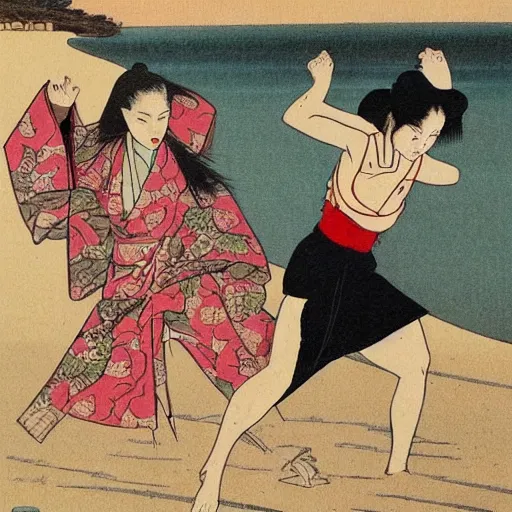 Image similar to Beautiful Japanese woman running from an old samurai on the beach Toshio Saeki, high detailed, artstation trending