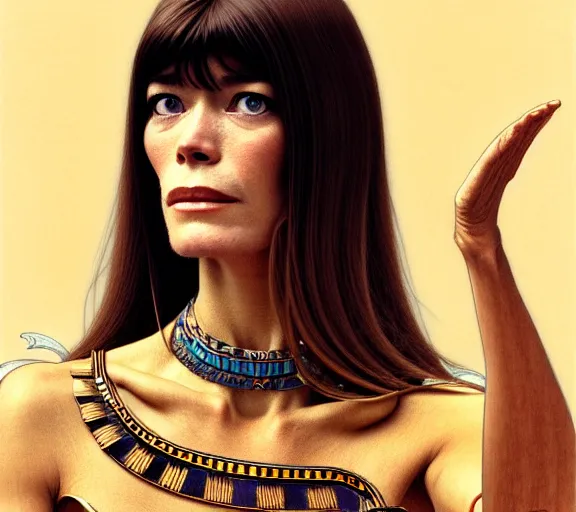 Image similar to photography francoise hardy with hands - up and hairy armpits, dressed like cleopatra, deep focus, intricate, elegant, highly detailed, digital painting, artstation, concept art, matte, sharp focus, illustration, art by artgerm and greg rutkowski and alphonse mucha and gil elvgren