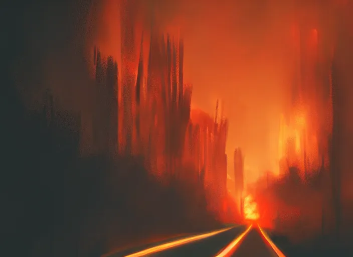 Image similar to beautiful and terrible fires of los angeles, atmoshperic, sharp focus, dark road, red sun, huge lips, trending on artstation, intricate details