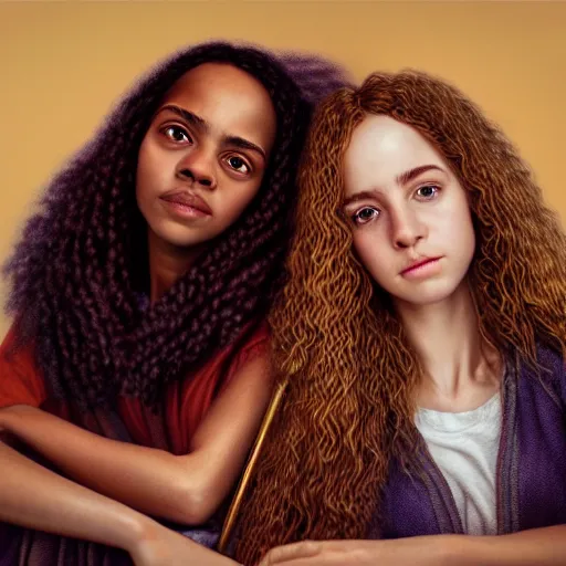 Image similar to intricate beautiful hyperreal portrait of a hermione granger and hermione granger, smiling softly, casual clothes, relaxing on the couch, home interior, golden hour, close up shot, 8 k, art by irakli nadar, hyperrealism, hyperdetailed, ultra realistic