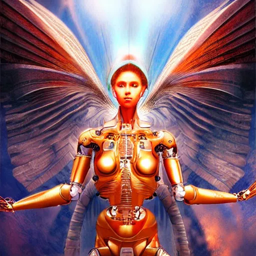 Image similar to UHD photorealistic studio portrait of a cyborg Angel with Angel wings, futuristic robot angel, extremely detailed, 8k, cinematic lighting, in the style of Max Ernst and Karol Bak, art by Amano with vivid colors and crisp details