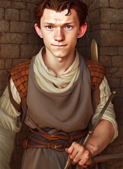 Prompt: cute tom holland medieval peasant, natural lighting, path traced, highly detailed, high quality, digital painting, by don bluth and ross tran and studio ghibli and alphonse mucha, artgerm