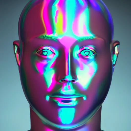 Image similar to 3d render of holographic human robotic head made of glossy iridescent, surrealistic 3d illustration of a human face non-binary, non binary model, 3d model human, cryengine, made of holographic texture, holographic material, holographic rainbow, concept of cyborg and artificial intelligence