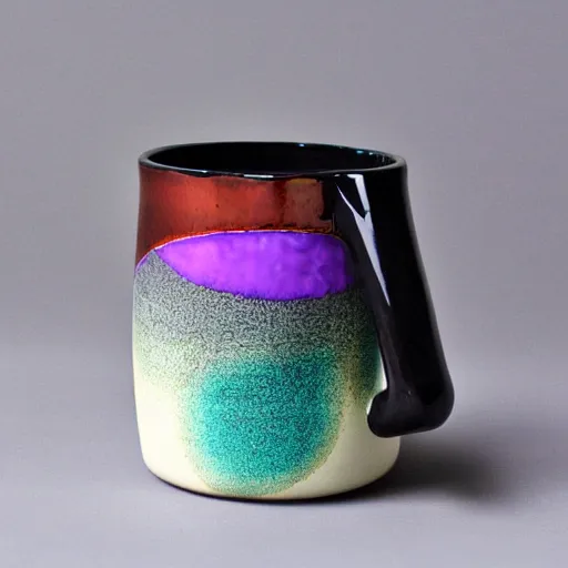 Image similar to avant - garde geometric ceramic mug with bright iridescent glaze